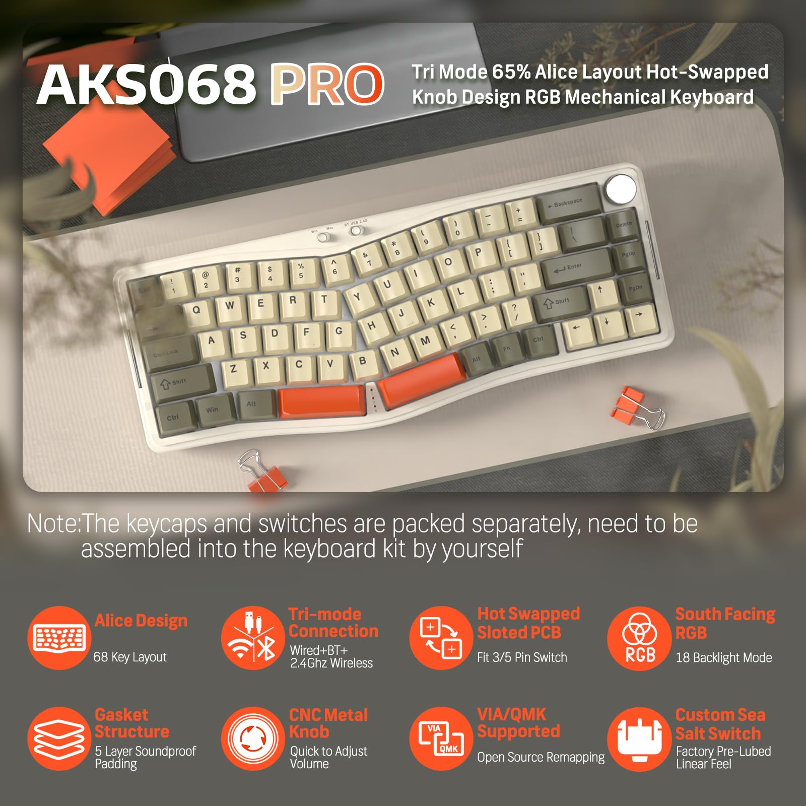 AKS068 Teclado mecânico para jogos 65% sem fio com cabo enrolado